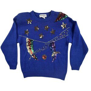 Vintage Christine Gerard Sweater Womens Large Blue Sequin Star Shoulder 80s
